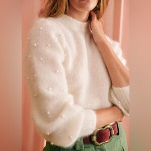 Sezane White Pearl-Embellished Sweater